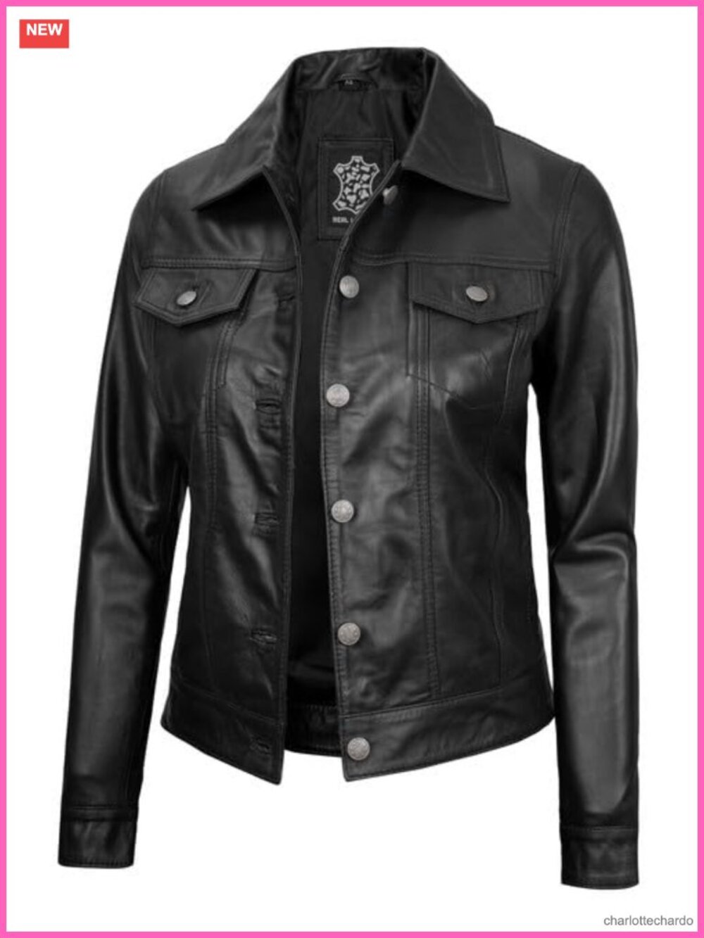 Real Lambskin Leather Trucker Jacket Women Button Closure Regular Fit